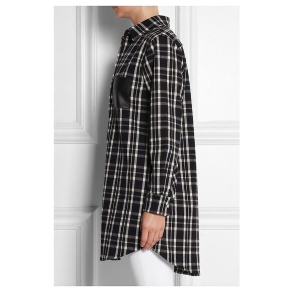 MAJE Grunge Leather Trimmed Plaid Flannel Shirt - Picture 2 of 9